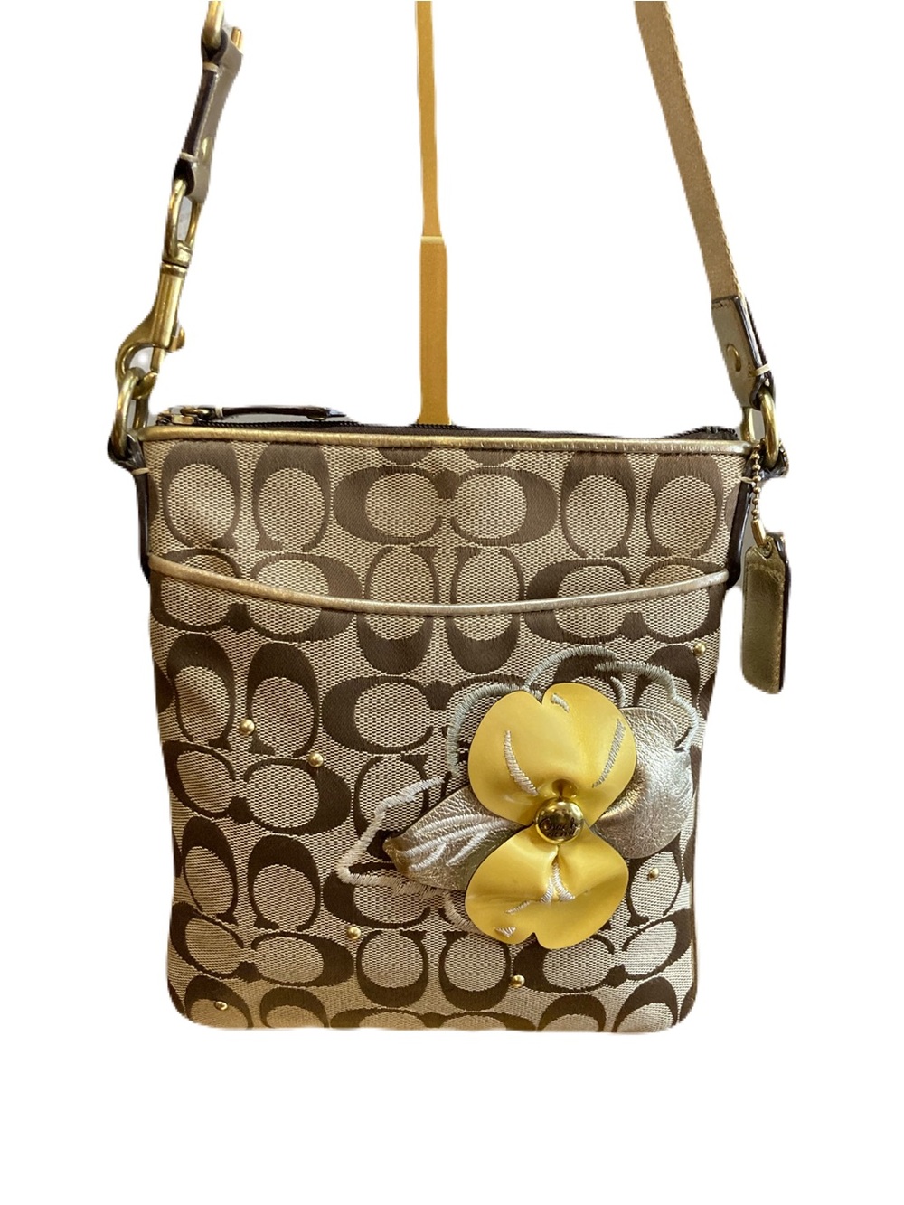 Coach Vintage Signature Canvas Crossbody Bag w/ 3D Floral Appliqué-Khaki/Yellow